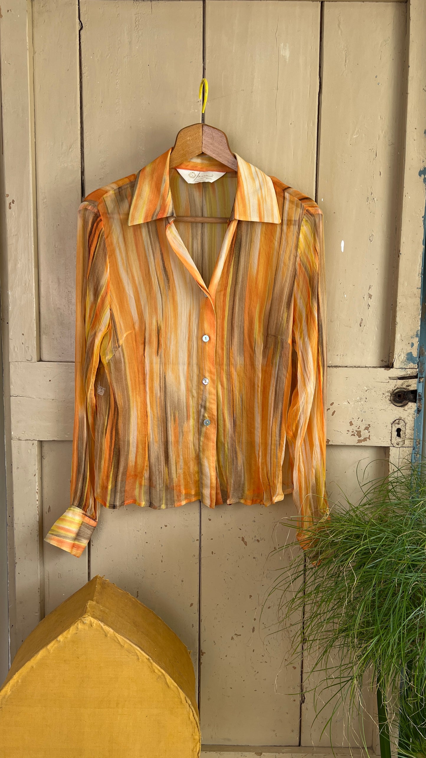 Camicia in seta vintage crepe georgette mille righe arancio