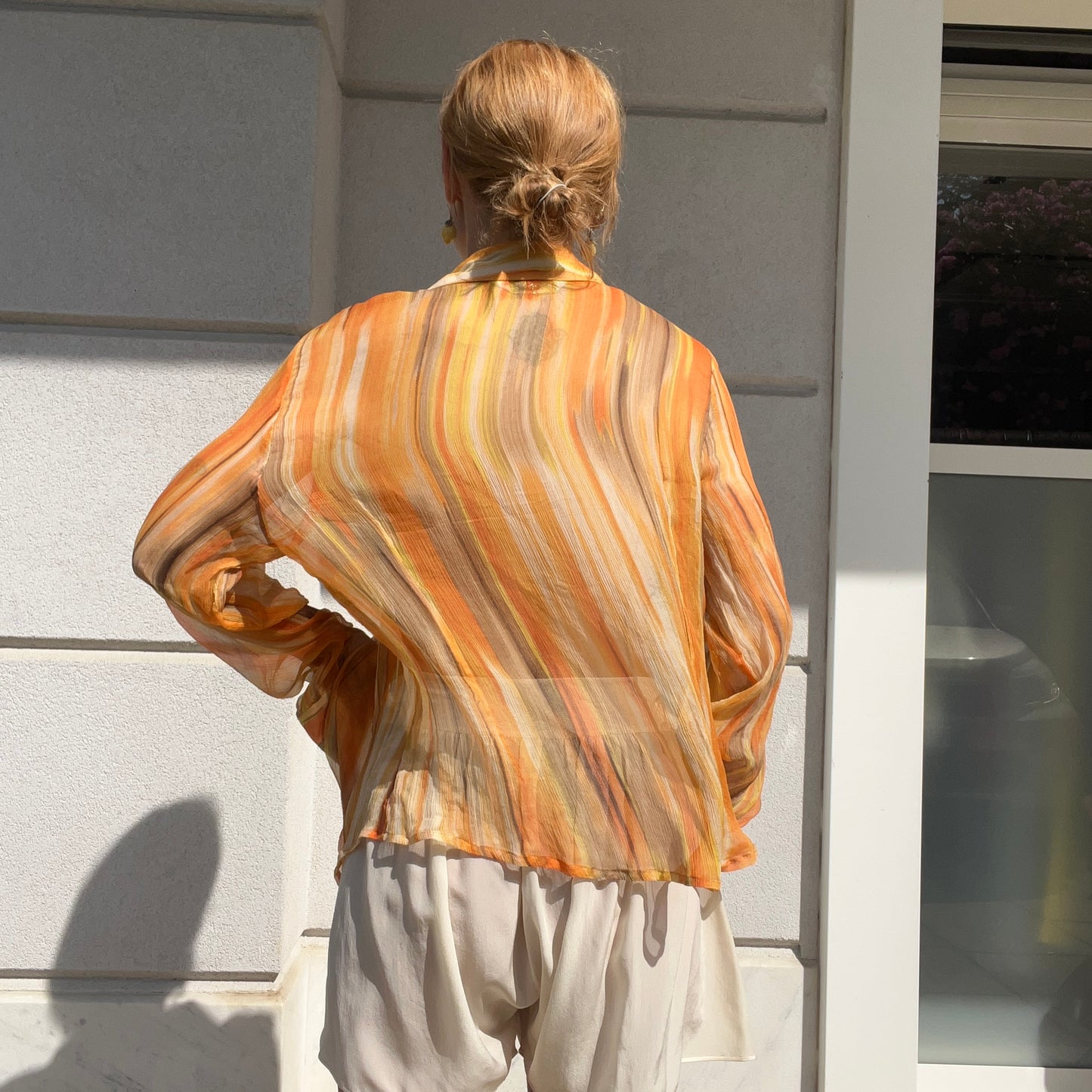 Camicia in seta vintage crepe georgette mille righe arancio