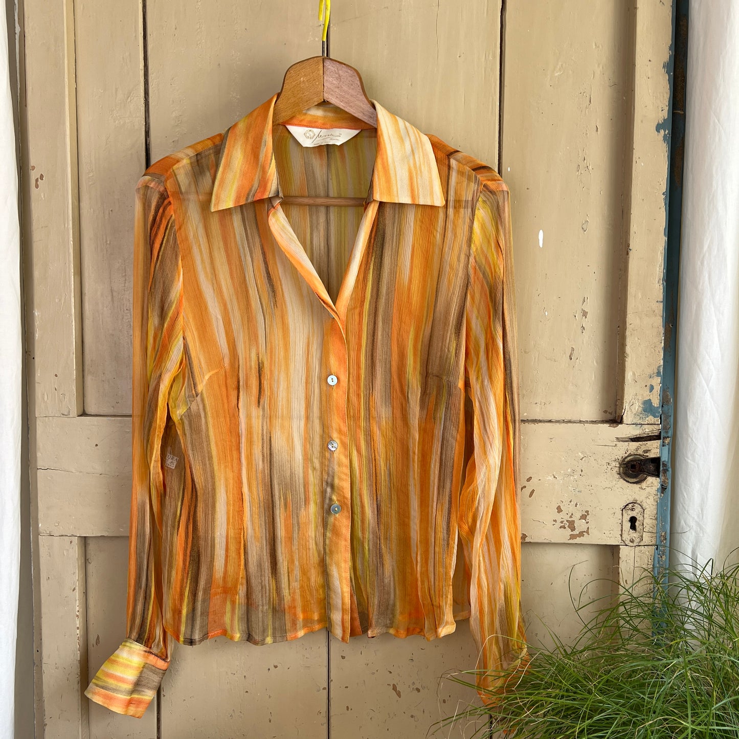 Camicia in seta vintage crepe georgette mille righe arancio