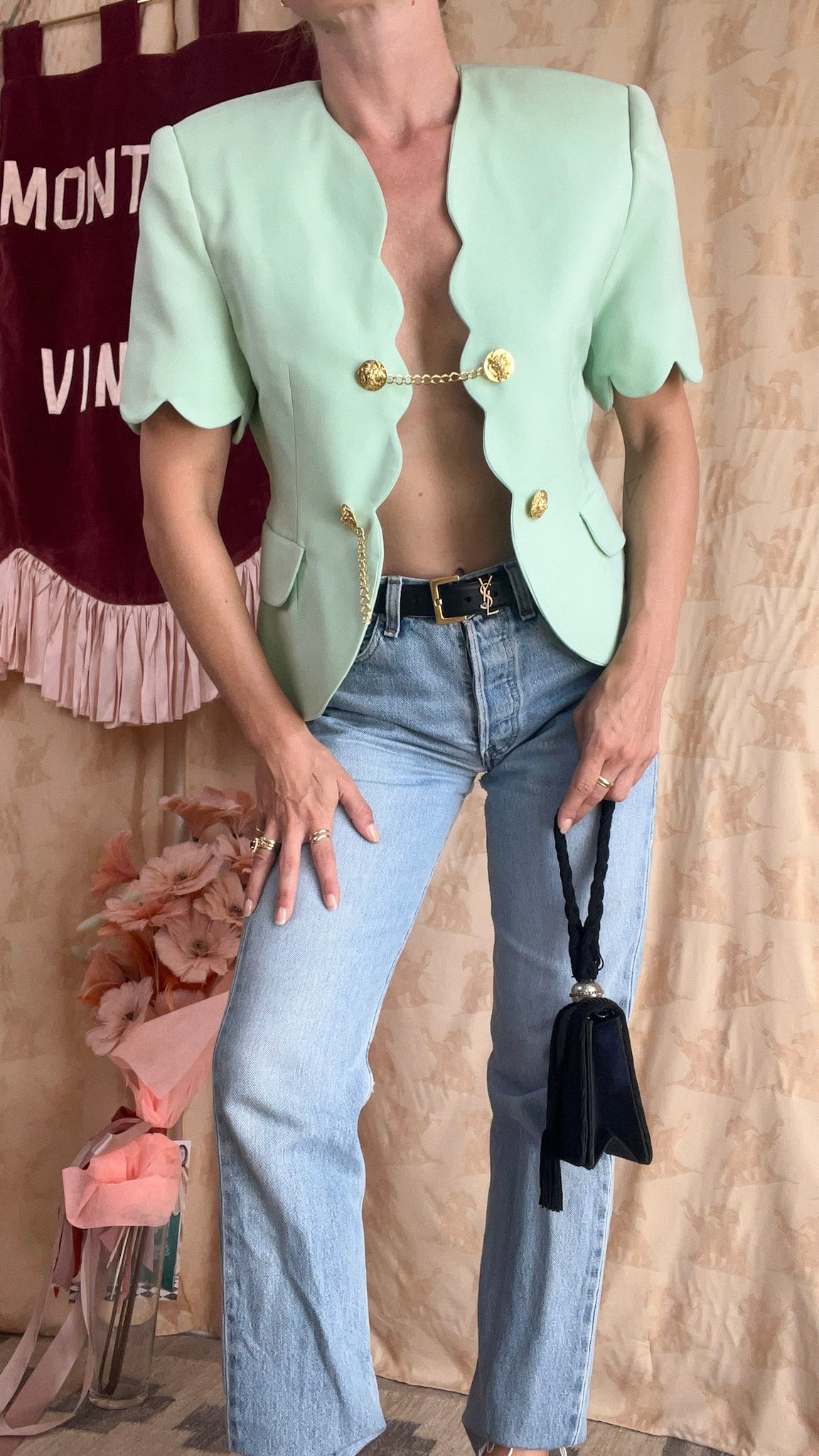 Blusa anni 80 menta con alamari